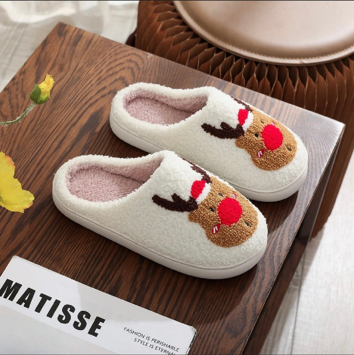 Rain deer Fuzzy Slippers (red nose)