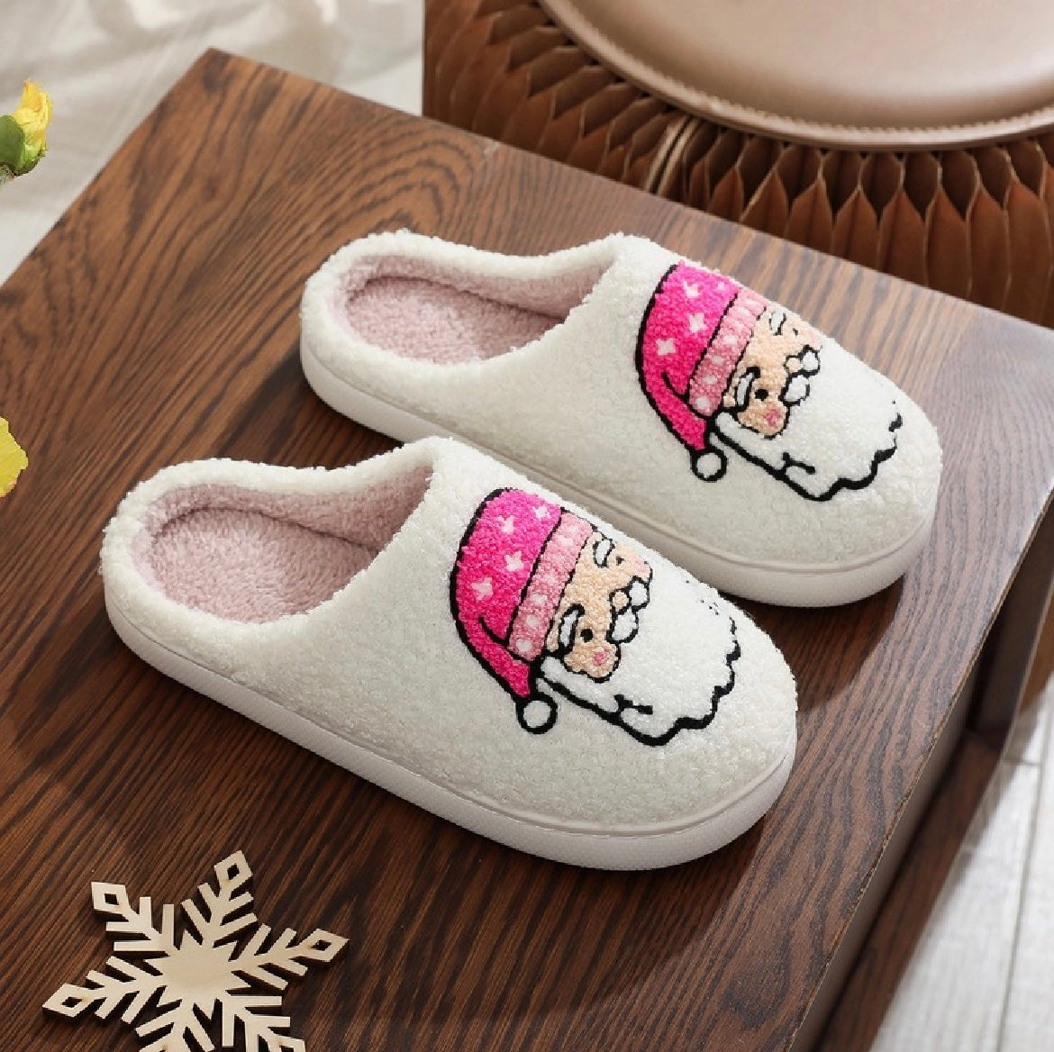 Pink santa fuzzy slippers