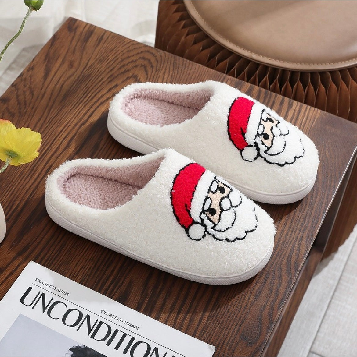 Santa fuzzy white slippers