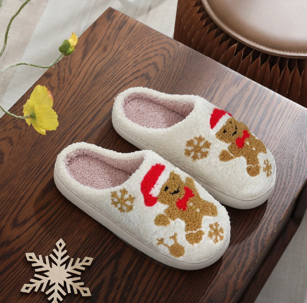 Gingerbread Fuzzy Slippers (red hat)