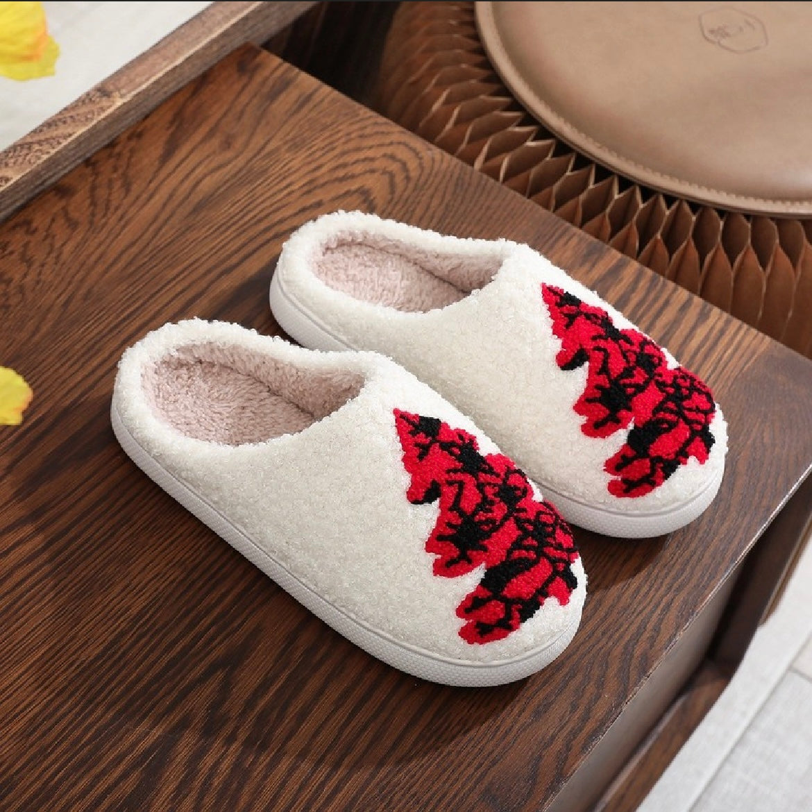 Christmas Tree Fuzzy Slippers (Red)